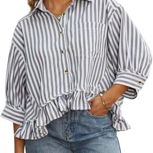 Womens Summer Tops Dressy Casual Blouse Top Ruffled Short Sleeve Button Down Str